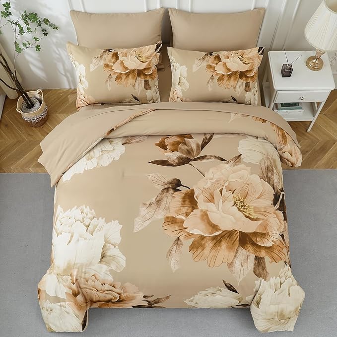Dobuyly Khaki King Size Comforter Set 7 Piece Bed in a Bag King, Taupe Floral Fall Comforter Set with Sheets, Soft Microfiber Farmhouse Complete Bedding Set for All Season