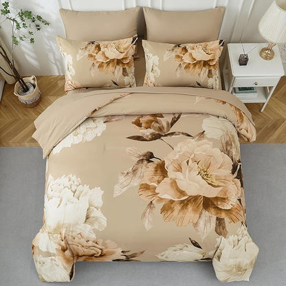 Dobuyly Khaki Queen Comforter Set 7 Piece Bed in a Bag Queen Size, Taupe Floral Fall Comforter Set with Sheets, Soft Microfiber Farmhouse Complete Bedding Set for All Season