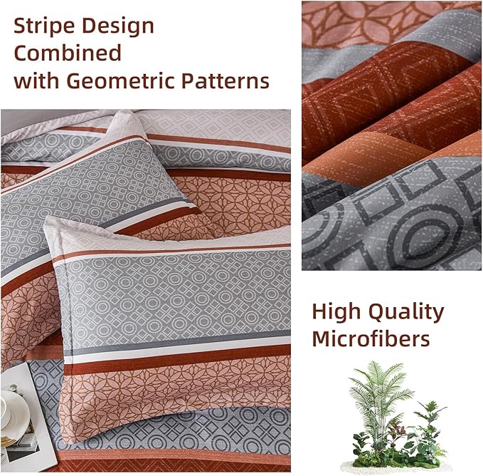 WONGS BEDDING 7 Pieces Comforter Set King Size, Burnt Orange Bed in a Bag Comforter and Sheet Set, Boho Soft Lightweight Micorfiber Bedding Set for All Season (90"×104")
