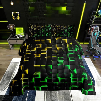 Erosebridal Geometric Checkered Comforter Set King Neon Yellow Green Bedding Set for Kids Boys Teen Gamer Room Decor,Abstract Ombre Plaid Comforter Grids Quilt Duvet Black