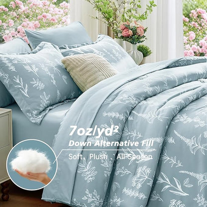 MUXHOMO Mineral Blue Bed in a Bag Queen 7 Pieces, Queen Comforter Set Reversible Botanical Flowers Design, Ultra Soft & Breathable Bedding Sets with Comforter, Sheets, Pillowcases & Shams