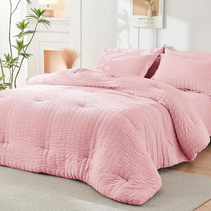HYMOKEGE Pink King Size Comforter Set Seersucker 7 Pieces, All Season Luxury Bed in a Bag for Bedroom, Bedding Set with Comforters, Sheets, Pillowcases & Shams