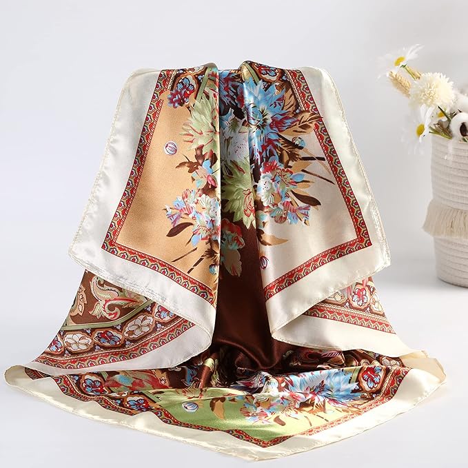 AWAYTR 35” Satin Large Square Head Scarves - 4PCS Silk Like Neck Scarf Hair Sleeping Wraps Satin Silk Scarfs for Women