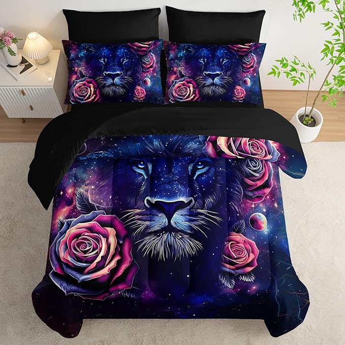 7 Pieces Lion Comforter Set Full，Rose Bedding Set Full,Animal Bedroom Decor (1 Comforter, 1 Flat Sheet, 1 Fitted Sheet, 2 Pillowcase and 2 Pillow Sham)