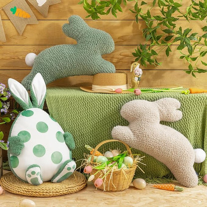 Phantoscope Happy Easter Bunny Shaped Throw Pillow, Plush Boucle Jumping Rabbit Cushion Sherpa Easter Decorative Pillow for Couch Living Room Bed, Beige, 14.5 x 21.5 inches