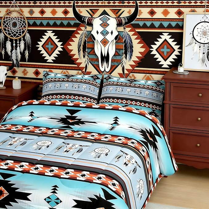 Erosebridal Western Bedding Sets Queen, Exotic Bull Skull Comforter Set, Dream Catchers Tribe Feather Duvet Insert, Southwestern Quilt With Animals, Boho Aztec Decor - Blue, Teal, Orange