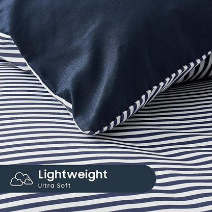 Wake In Cloud - Striped Comforter Set with Sheets, Ticking Stripe Vertical Pinstripe Neutral Farmhouse Pattern Printed, 7 Pieces Bed in a Bag, Navy Blue White, Full Size