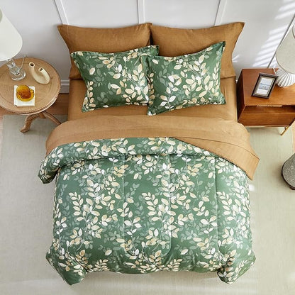 AIKASY 6-Piece Comforter Set Bed in a Bag, Twin Size, Green Leaf Pattern - Bedding Set with Comforter, Pillow Shams, Fitted Sheet, and Pillowcases - Soft and Cozy All-Season Bedding (Green)