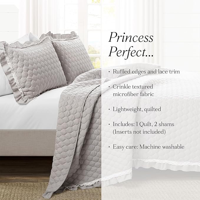 Lush Decor Ella Ruffle Lace Quilt, 3 Piece Set, King, Light Gray - Cute Quilt - King Bedding Set - Gray Bedding - Coquette Decor - Ruffle Trim - Lace Trim