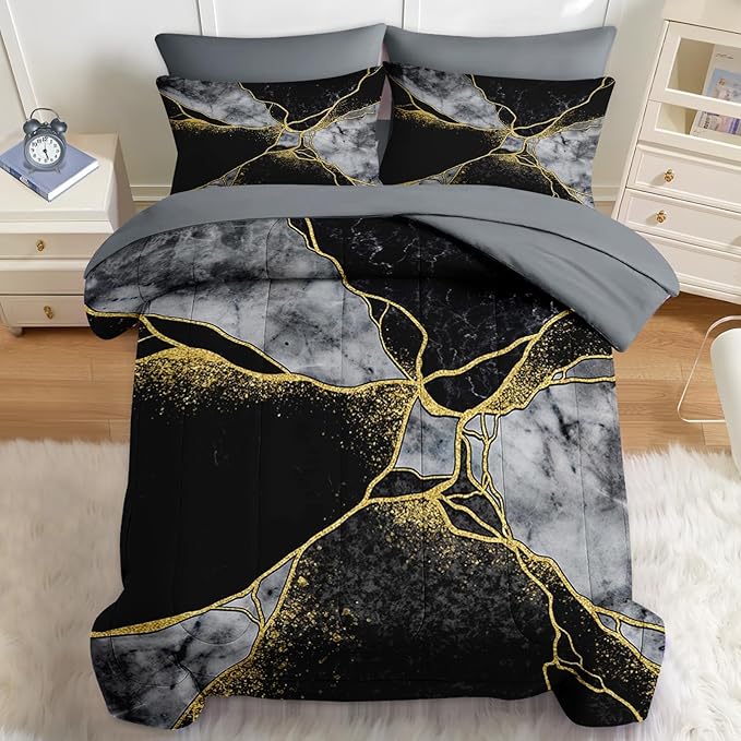 Nesker 7 Pcs Comforter Set Queen Size, Marble Black Gold Bedding Set for Kids and Adults, Grey Abstract Modern Sheets Bed Sheet Sets with Fitted Sheet 2 Pillowcases & 2 Shams