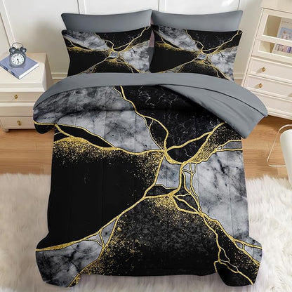 Nesker 7 Pcs Comforter Set Queen Size, Marble Black Gold Bedding Set for Kids and Adults, Grey Abstract Modern Sheets Bed Sheet Sets with Fitted Sheet 2 Pillowcases & 2 Shams