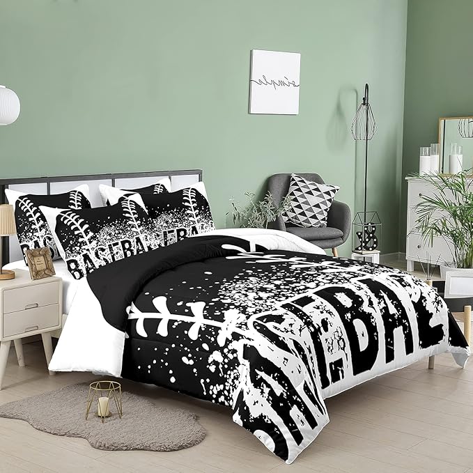 Bodhi Boys Baseball Sports Comforter King, Teen Boys Bedding Set, Black & White With Pillowcases