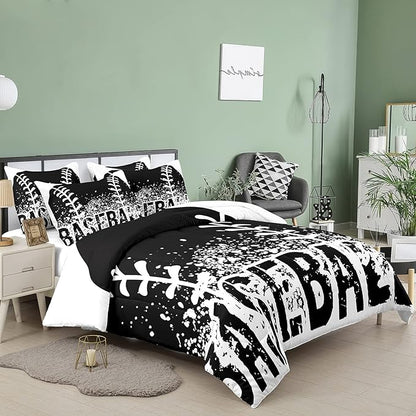 Bodhi Kids Comforter Twin, Boys Baseball Comforter with Pillowcases, Sports Baseball Bedding Set in Black and White