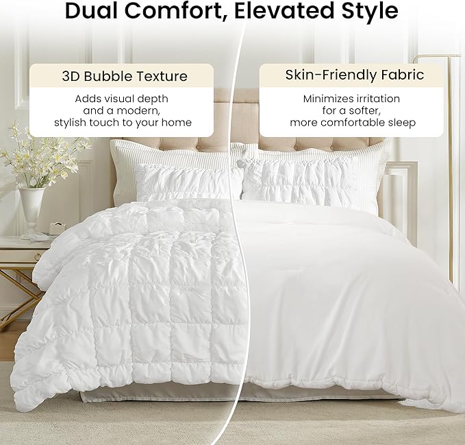Amélie Home King Comforter Set, 3 Pieces White Bubble Bedding Set for All Season, Ultra Soft Cozy Comforter, Farmhouse Luxury Gift for Women Home Decor