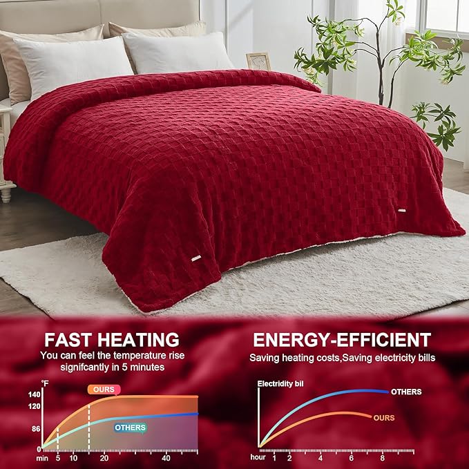 Electric Heated Blanket Queen Size Dual Control - Jacquard Checkered Sherpa 84"x90" Fast Heating Bed Blankets with 6 Heating Levels & 10 Hours Auto Off, Over-Heat Protection ETL, Red