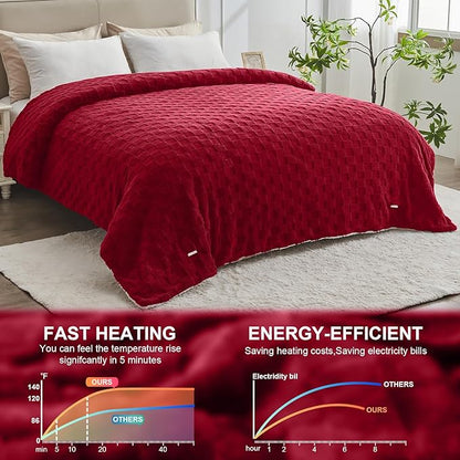 Electric Heated Blanket Queen Size Dual Control - Jacquard Checkered Sherpa 84"x90" Fast Heating Bed Blankets with 6 Heating Levels & 10 Hours Auto Off, Over-Heat Protection ETL, Red