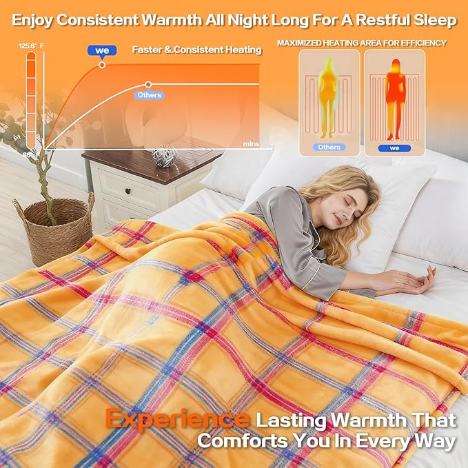 Electric Blanket Heated Throw, Soft Flannel 50"x60" Plaid Heating Blanket with 8 Hours Auto Off 10 Fast Heating Levels Machine Washable Sherpa Heated Blanket with Overheating Protection