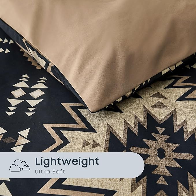 Wake In Cloud - Western Comforter Set, Boho Southwestern Rustic Farmhouse Style with Aztec Geometric Block Pattern, Soft Lightweight Bedding, 3 Pieces, Tan Black, King Size