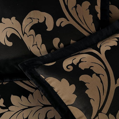 Chezmoi Collection Valor 7-Piece Queen Bed in a Bag, Black/Gold Luxury Jacquard Floral Comforter with Sheets Set for All Season