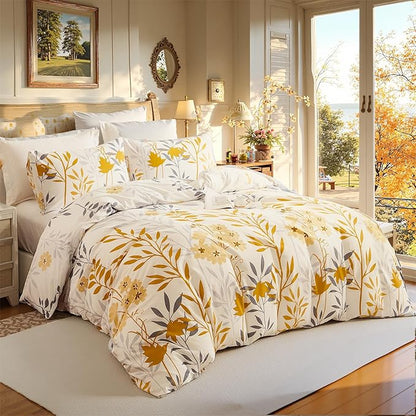 100% Cotton Comforter Set Queen Size – Yellow Floral Bedding Sets 3 Pieces Lightweight Cozy Botanical Bed Comforter, Soft Cottagecore Aesthetic All Season Bedding
