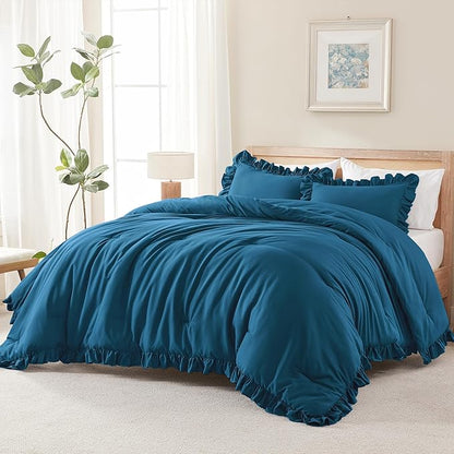 Andency Teal Ruffle Comforter King(104x90Inch), 3 Pieces(1 Ruffled Comforter and 2 Pillowcases) Solid Farmhouse Shabby Chic Bed, Vintage Rustic Soft Microfiber Bedding Set