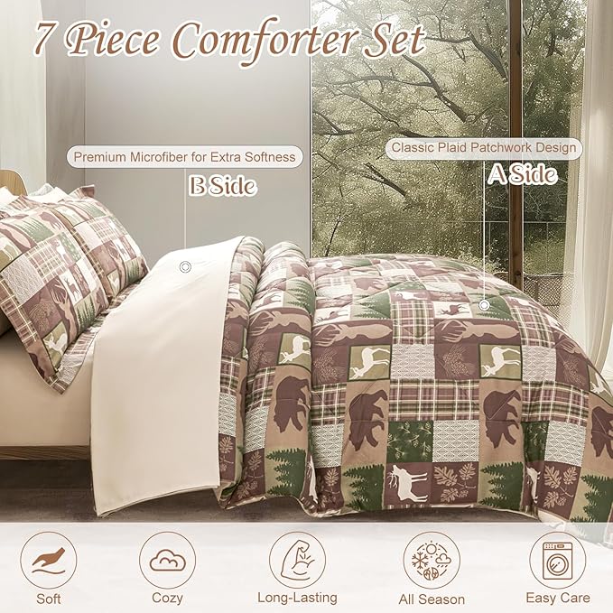 Comforter Set Queen Size Bear Moose Plaid Comforter Bedding-7 Piece Bed in a Bag,Soft Reversible Patchwork Microfiber Bedding Set (1 Comforter,1 Flat Sheet,1 Fitted Sheet,2 Pillowcases,2 Pillow Shams)