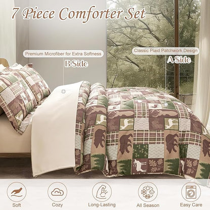 Comforter Set King Size Bear Moose Plaid Comforter Bedding-7 Piece Bed in a Bag,Soft Reversible Patchwork Microfiber Bedding Set (1 Comforter,1 Flat Sheet,1 Fitted Sheet,2 Pillowcases,2 Pillow Shams)