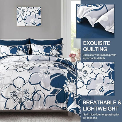 Anibedding Navy Floral Comforter Set Queen Size 7 Piece, Blue Flower Bed in a Bag, Elegant Botanical Floral Comforter Soft Microfiber Complete Bedding Set for All Season, (Navy Blue, 90"x90")