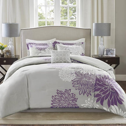 Comfort Spaces Enya Comforter Set-Modern Floral Design All Season Down Alternative Bedding, Matching Shams, Bedskirt, Decorative Pillows, Queen (90"x90"), Purple