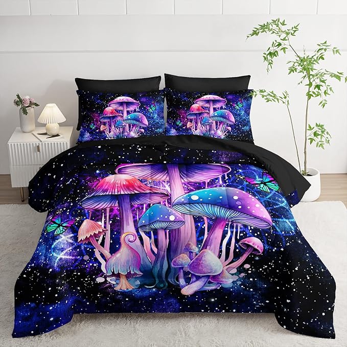 Fantasy Mushrooms Comforter Set Queen,Galaxy Fantasy 7 Pieces Bedding Set for Teens Kids,Light Mushroom Bedding Set 7 Piece in A Bag，Mushroom Bed Comforters Bedding Sets for All Season