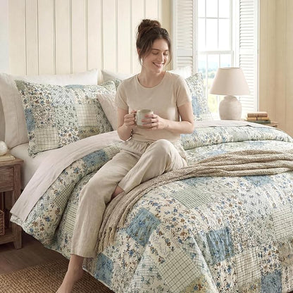 Vintage Floral Comforter Set Queen 100% Cotton Blue Patchwork Bedding Comforter Sets All Season 3 Pieces Shabby Chic Breathable Soft Comforter(Blue Patchwork, Queen)