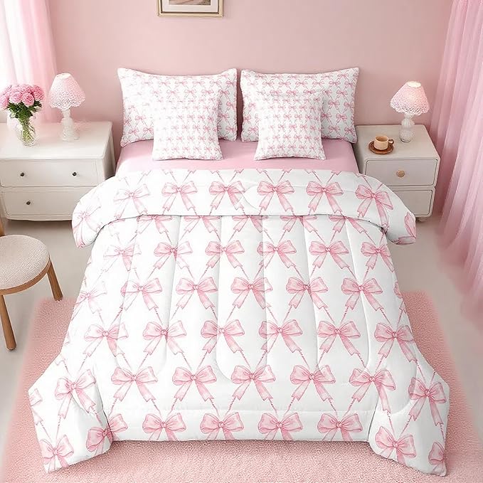 Feelyou Cute Pink Bow Comforter Set Full Size, Pink Girls Bow 7 Pcs Bedding Set for Kids, Dreamy Bowknot Princess Bed in a Bag, Bed Sheet Sets with Fitted Sheet Pillowcases for Bedroom Bed Decor