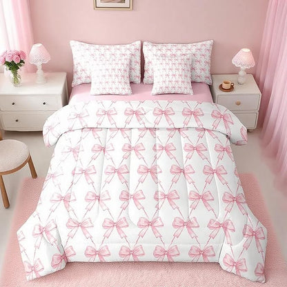 Feelyou Cute Pink Bow Comforter Set Full Size, Pink Girls Bow 7 Pcs Bedding Set for Kids, Dreamy Bowknot Princess Bed in a Bag, Bed Sheet Sets with Fitted Sheet Pillowcases for Bedroom Bed Decor