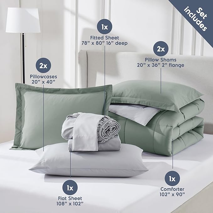 Nestl 7 Piece King Comforter Set – Sage Green Reversible Bed in a Bag – Complete King Size Bedding Set with Sheets, Pillowcases and Shams