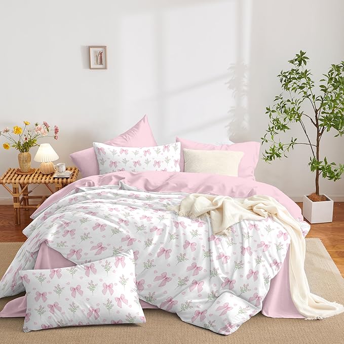 Nayoroom Pink Bow Comforter Set Full Size Coquette Pink Floral Comforter 3 Pieces Soft Lightweight Kids Girls Cute Aesthetic Dorm Bedding Set for All Seasons