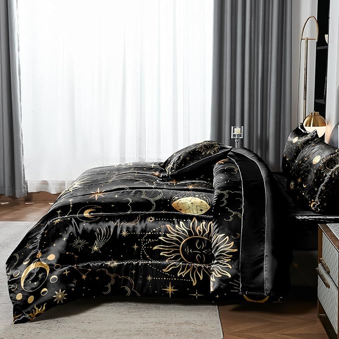 Sun and Moon Comforter Set Gray Satin Bedding King Stars Cloud Galaxy Comforter Mysterious Celestial Theme Silk Like Silky Bed in A Bag with Comforter and Sheets