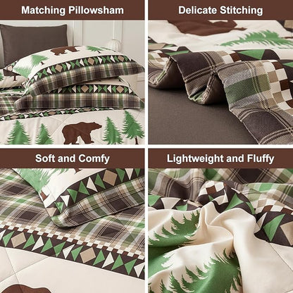 Comforter Set King Size Rustic Bear Comforter Bedding-7 Piece Bed in a Bag, Soft Fluffy Reversible Microfiber Bedding Set(1 Comforter,1 Flat Sheet,1 Fitted Sheet,2 Pillowcases,2 Pillow Shams),Green