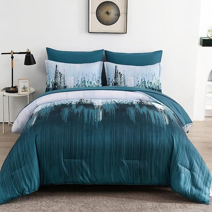 WONGS BEDDING Comforter Set King, Teal Blue 7 Pieces Bed in a Bag Colorful Abstract Art Gradient Comforter Soft Microfiber Bedding Set with Comforter,Flat Sheet,Fitted Sheet,Pillow Shams,Pillowcases