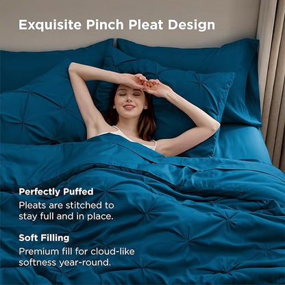 Bedsure Twin Comforter Set Teal - Bed in a Bag Twin Size Bedding 5 Pieces, GentleSoft™ Pintuck Bed Set Gift for Family, Pinch Pleat Teal Comforter with Sheets, Pillowcase & Sham