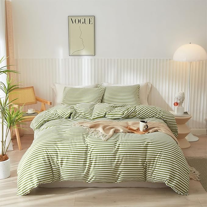 mixinni Striped Comforter Set King Size - Green White Stripes Pattern Bed Set for All Season, 3 Pieces Lightweight Bedding Comforter Sets for All Seasons (1 Soft Fluffy Comforter + 2 Pillowcases)