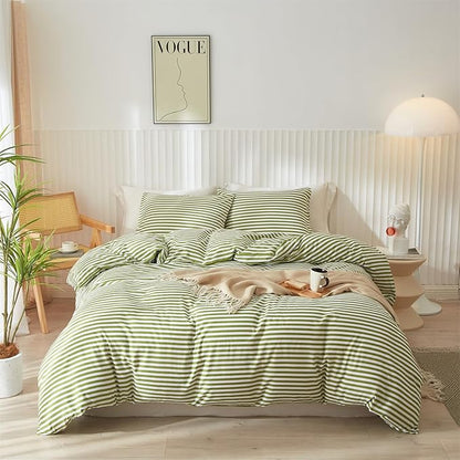 mixinni Striped Comforter Set Twin XL Size - Green White Stripes Pattern Bed Set for All Season, 3 Pieces Lightweight Bedding Comforter Sets for All Seasons (1 Soft Fluffy Comforter + 2 Pillowcases)