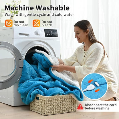 Heated Electric Blankets - Soft Flannel Heating Throw Electric Blanket with 6 Heat Settings King Size 100" × 90" Teal - Velvet & Sherpa