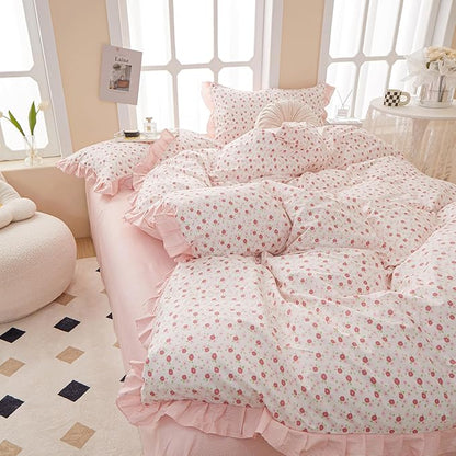HighBuy Ruffled Comforter Set Full White Pink Floral Bedding Comforters Comfy Soft for Girls Boy Coquette Cottagecore Stripes Bedding Comforter Set 1 Fluffy Ruffle Comforter with 2 Pillowcases