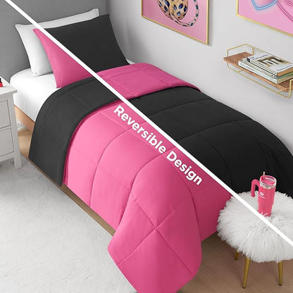 Juicy Couture Reversible Box Stitch Comforter Set, 3-Piece King – Hot Pink/Black – Glam Bedding Set