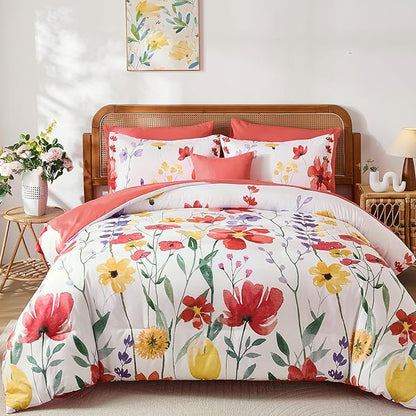 Anibedding 8Pieces Queen Comforter Set, Pink Red Watercolor Floral Queen Size Bed in a Bag Comforter Set with Pillowcase, Sheets for All Season