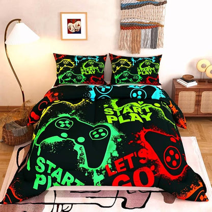 Gamer Comforter Set,Green Yellow Red Black Colorful 3D Pattern for Kids Teens Adults,Decorative Bedding Comforter Sets with 2 Pillow Shams, Queen Size