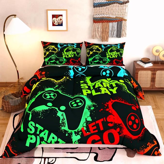 Gamer Comforter Set,Green Yellow Red Black Colorful 3D Pattern for Kids Teens Adults,Decorative Bedding Comforter Sets with 2 Pillow Shams, Twin Size