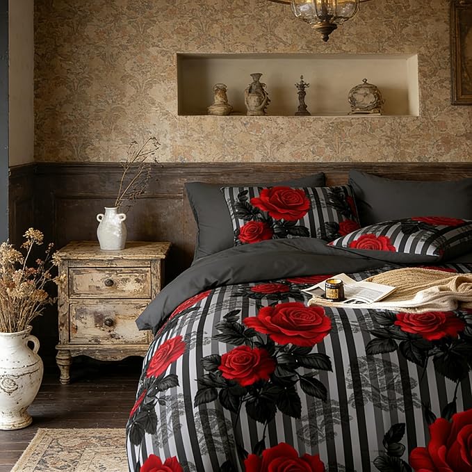 Dark Floral Comforter Set Full Size, Red Rose Soft Microfiber Bedding Set on Black Grey Stripe Background for Girls American Vintage Style Bedroom Decor, 3Pcs & 2 Pillowcases