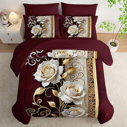 Red and White Floral Comforter Set Queen Size 7 Piece，Rose Queen Bedding Set，(1 Comforter, 1 Flat Sheet, 1 Fitted Sheet, 2 Pillowcase and 2 Pillow Sham)，White Rose Bedroom Decor