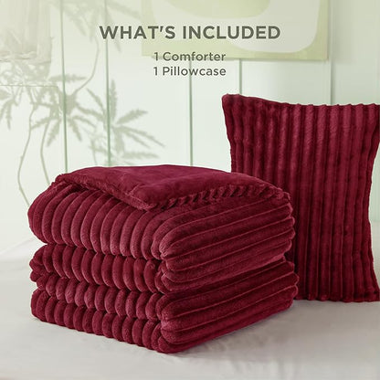 Bedsure Twin/Twin XL Comforter Set - GentleSoft™ 2 Pieces Fluffy Double-Side Fleece Comforter Set, Cozy Striped Room Decor Aesthetic, Luxury Red Twin Bedding with 1 Pillowcase, 68x88 Inches
